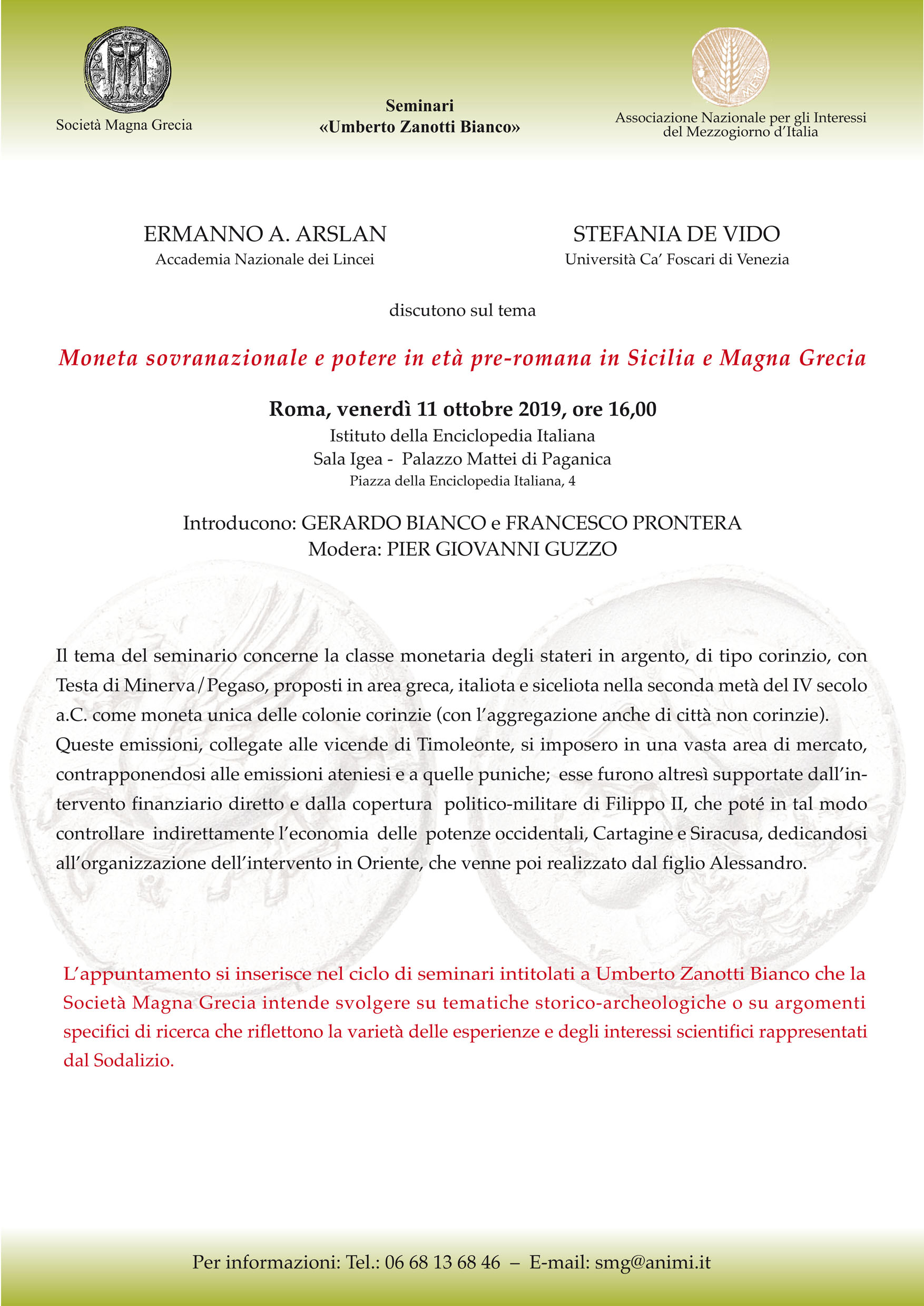 Moneta sovranazionale e potere in età pre-romana in Sicilia e Magna Grecia, Roma 11 ottobre 2019